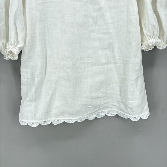 Farm Rio Dress Large White Mini Puff Sleeve Embroidered Linen Cottagecore Boho - Picture 6 of 16